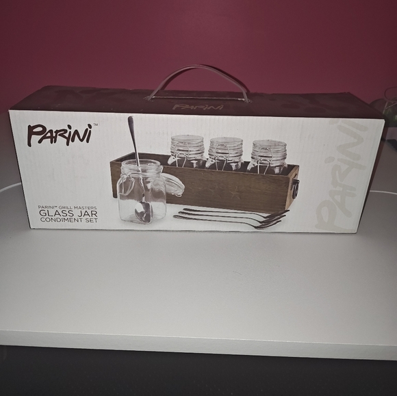Parini Glass Jar Condiment Set with Wooden Tray - Clear and Brown - Picture 1 of 1